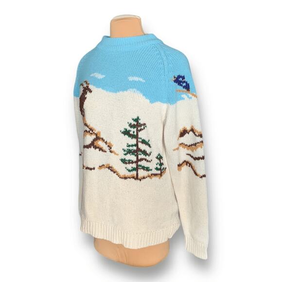 Vintage Mountain Scene Cream Blue Mock Neck Knit Sweater Medium Unisex Pullover - Picture 6 of 11